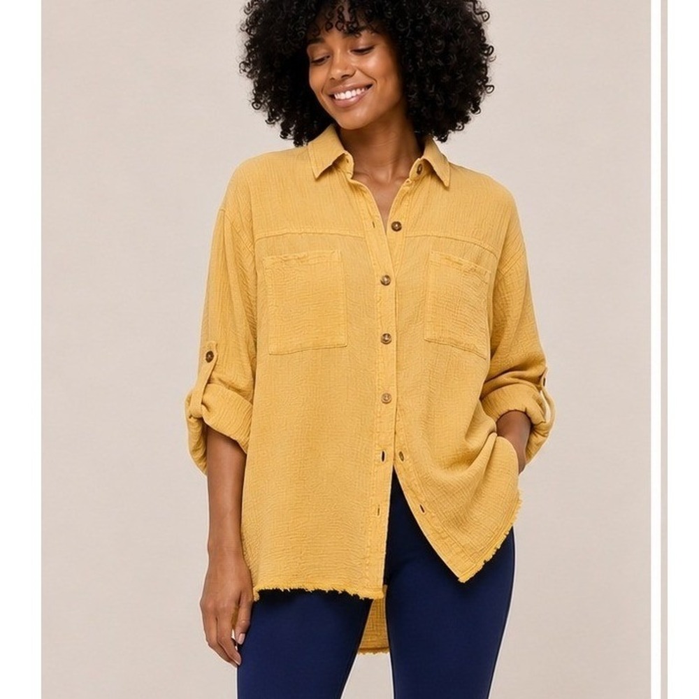 Blakeley Gauze Button Down Shirt Women's S/M Yellow Cotton Raw Hem Roll Tab